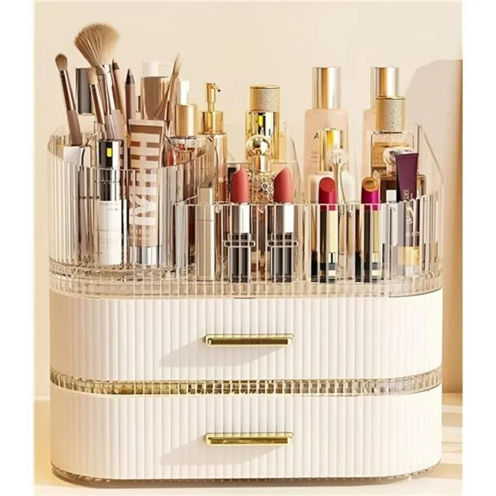 Makeup organizer with drawers rotating brush holder skincare vanity storage